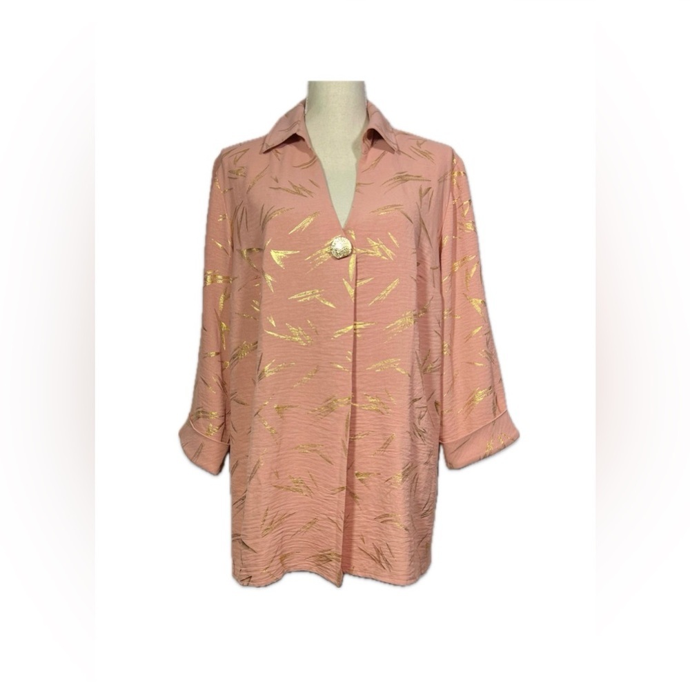 Olivia & Martin Peach V-Neck Tunic 1X Gold Foil Accents Cuff Sleeve Top Blouse
